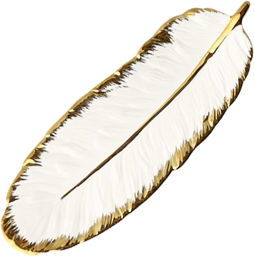 Leaf Plate Feather Tray Ceramic Table Decoration Jewelry Ring Trinket Dish Holder Decorative Serving for Fruit Snack Dessert 1 Pc