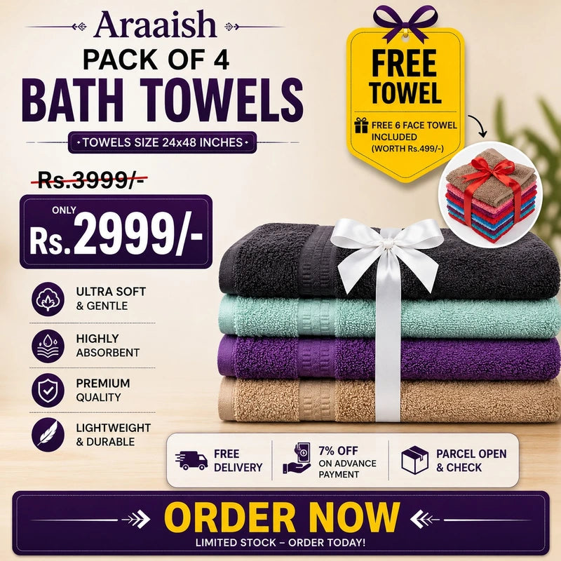 Ultra Soft Absorbent Bath Towels Pack of 4 (24x48 Inches) 6 Free Face Towels Included