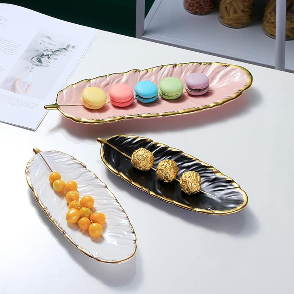Leaf Plate Feather Tray Ceramic Table Decoration Jewelry Ring Trinket Dish Holder Decorative Serving for Fruit Snack Dessert 1 Pc