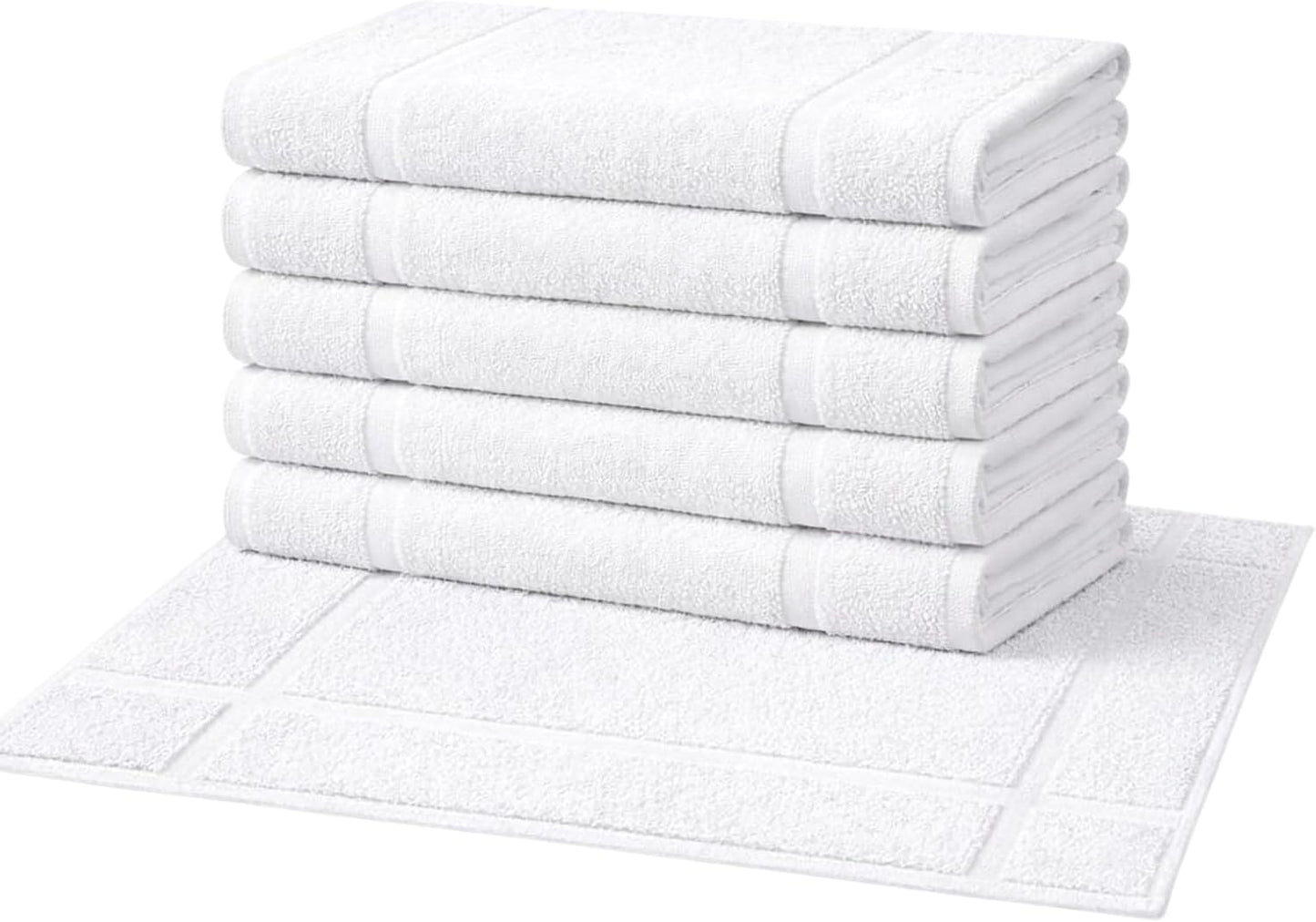 Amazon Basics Premium 100% Cotton, Absorbent Soft Bath Mat, Machine Washable, 684 GSM, White, 30" x 20" Hotel Spa Shower/Bathtub Mats, Pack of 6