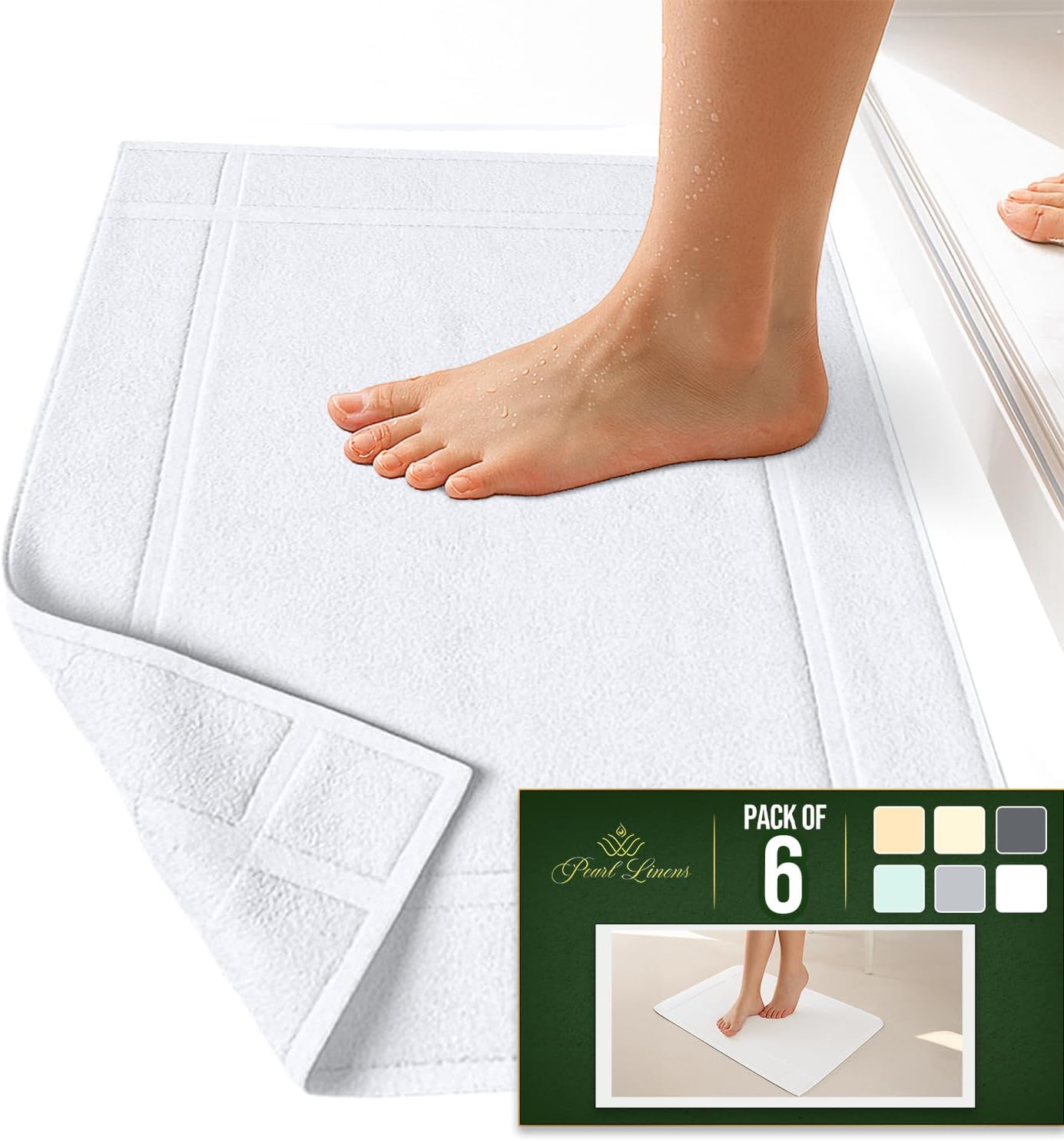 Amazon Basics Premium 100% Cotton, Absorbent Soft Bath Mat, Machine Washable, 684 GSM, White, 30" x 20" Hotel Spa Shower/Bathtub Mats, Pack of 6