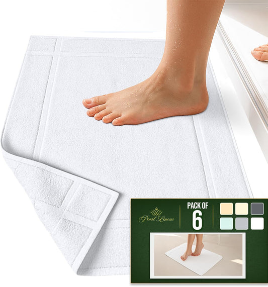 Amazon Basics Premium 100% Cotton, Absorbent Soft Bath Mat, Machine Washable, 684 GSM, White, 30" x 20" Hotel Spa Shower/Bathtub Mats, Pack of 6