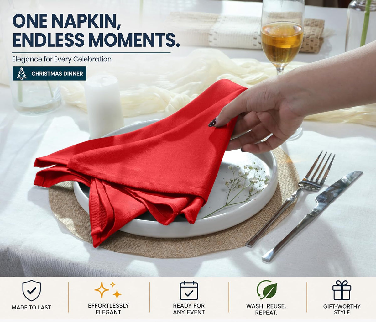 Cloth Napkins Set of 12, Cotton Enrich 18”x18” - Multi Color | Washable, Soft, Durable & Absorbent Everyday Napkins. For Home, hotel, Wedding...