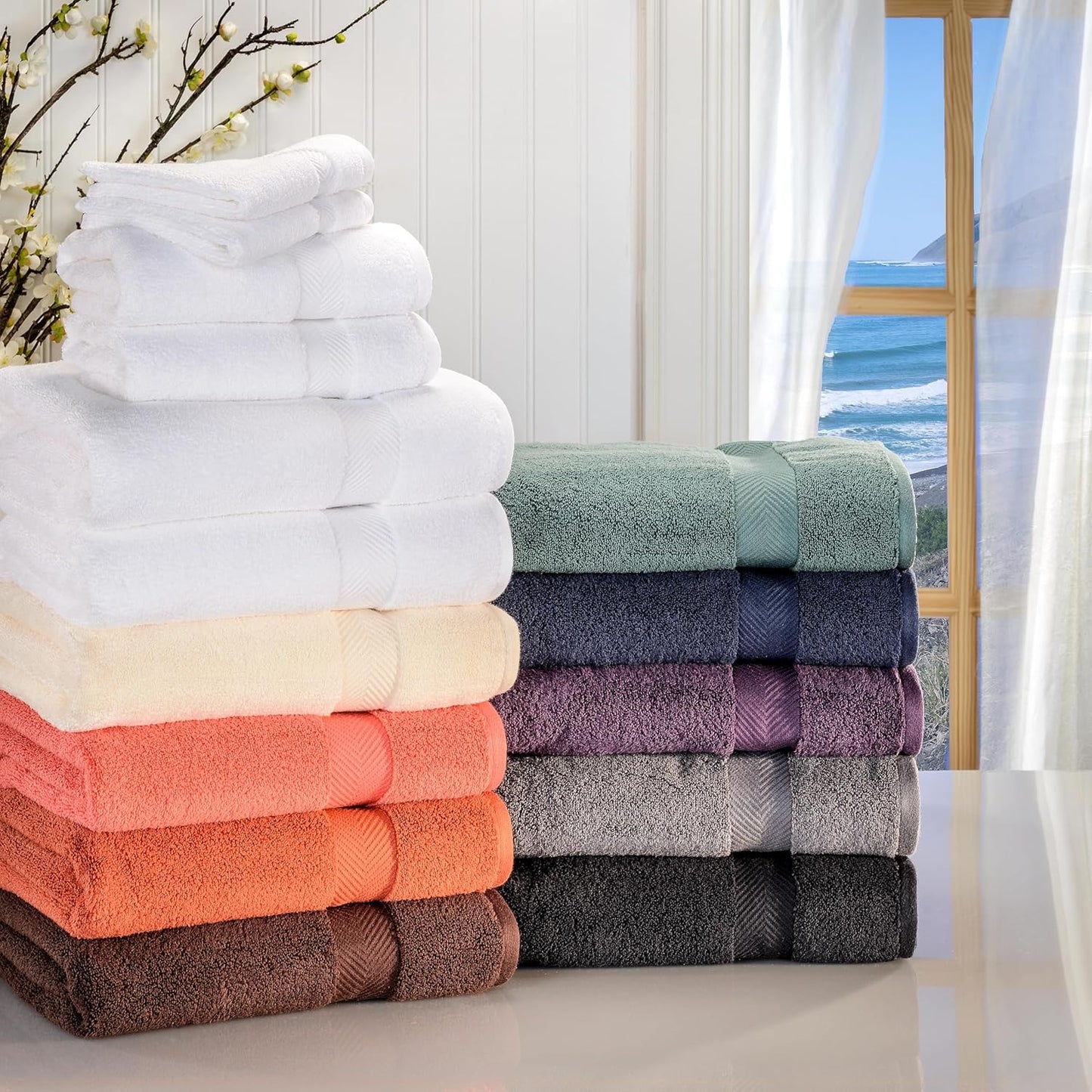 100% Cotton Bathroom Towels, Super Soft, Fluffy, and Absorbent, Premium Quality 6 Piece Towel Set with 2 Washcloths, 2 Hand Towels, and 2 Bath Towels, White