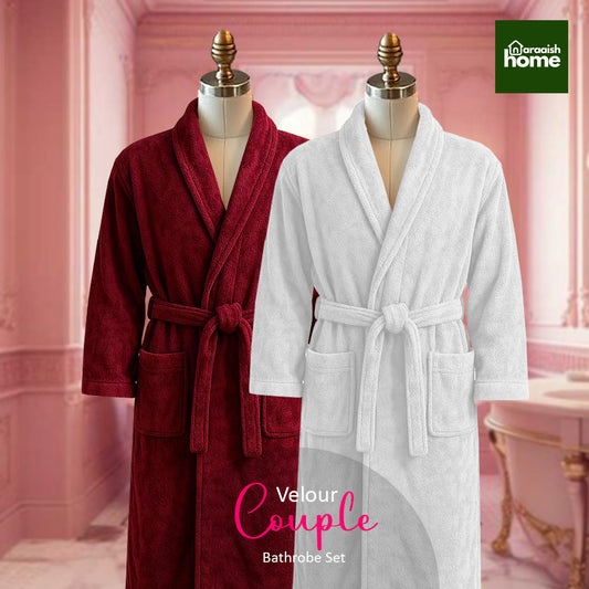 Velour Couple Bathrobe Set – Maroon & White