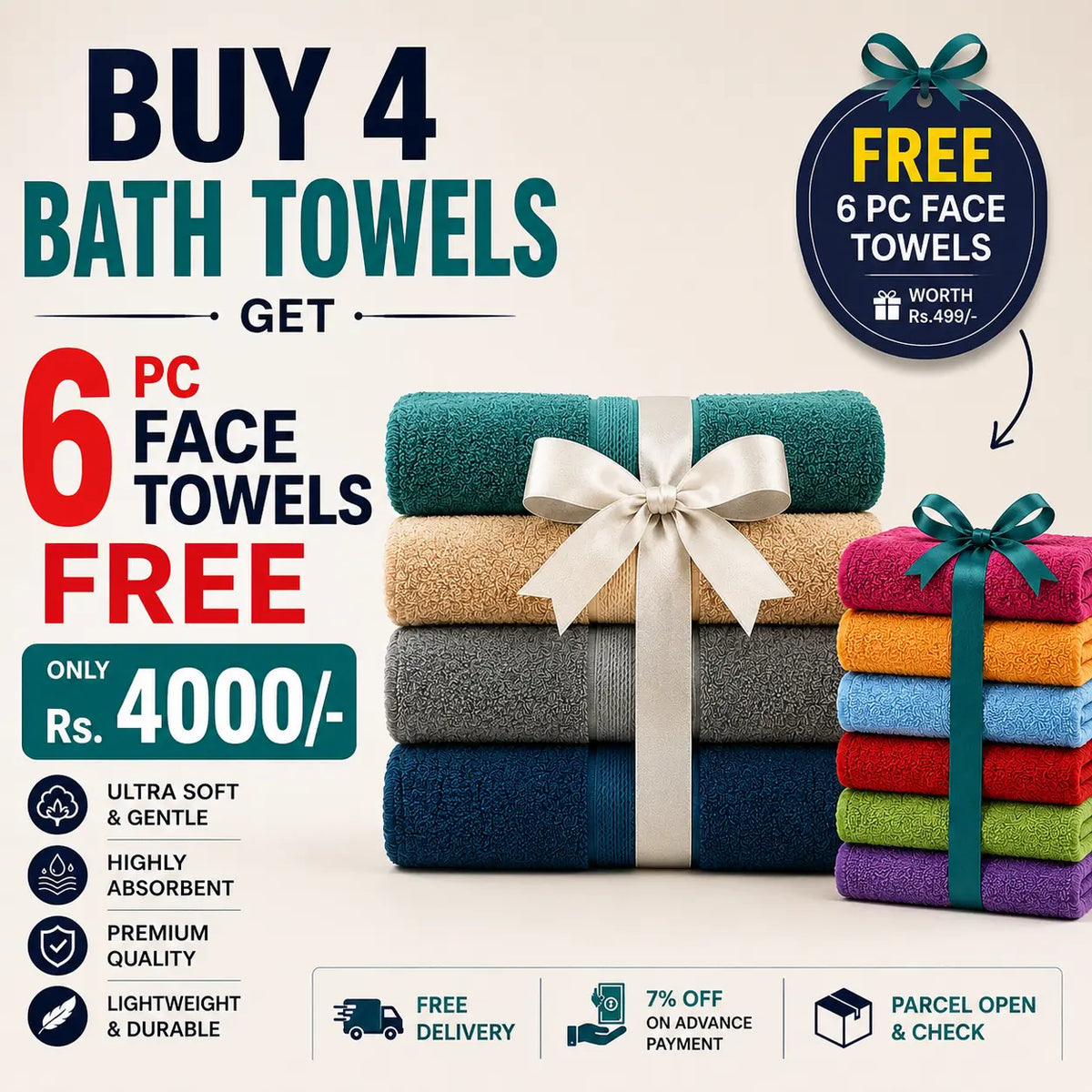 Buy 4 Bath Towels & Get 6 Pc Face Towels FREE! 🎁