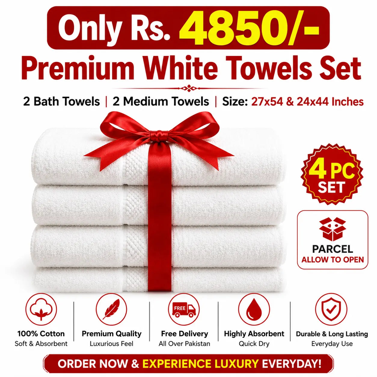 4-Piece Set Premium White Towel Set! Super Soft, Highly Absorbent