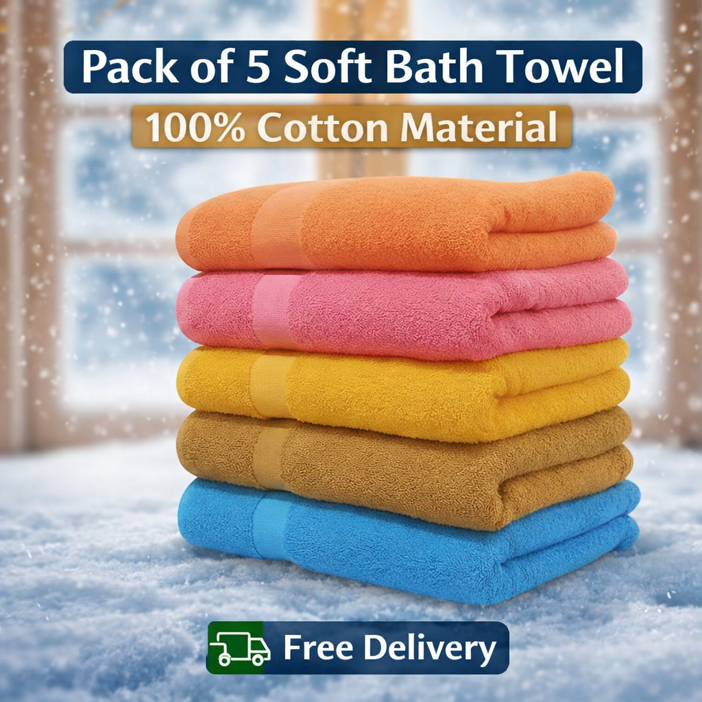Combo Pack of 5 Soft Bath Towel  100% Cotton Material | Free Delivery