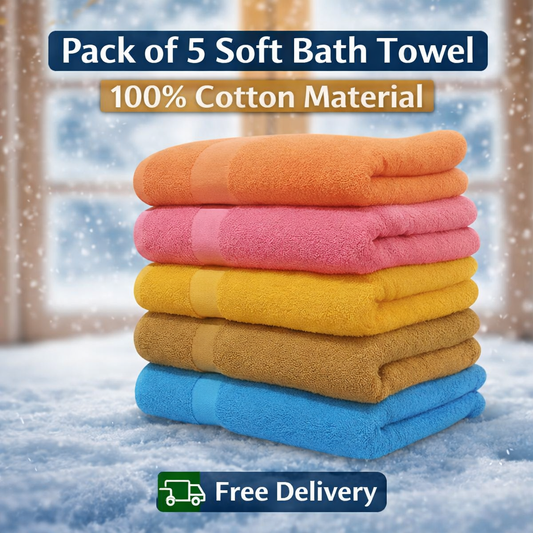 Combo Pack of 5 Soft Bath Towel  100% Cotton Material | Free Delivery