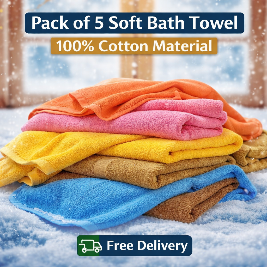 Combo Pack of 5 Soft Bath Towel  100% Cotton Material | Free Delivery