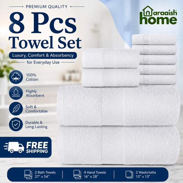 Araaishome Premium White Towels Set – 8 Pc | Soft & Ultra Absorbent