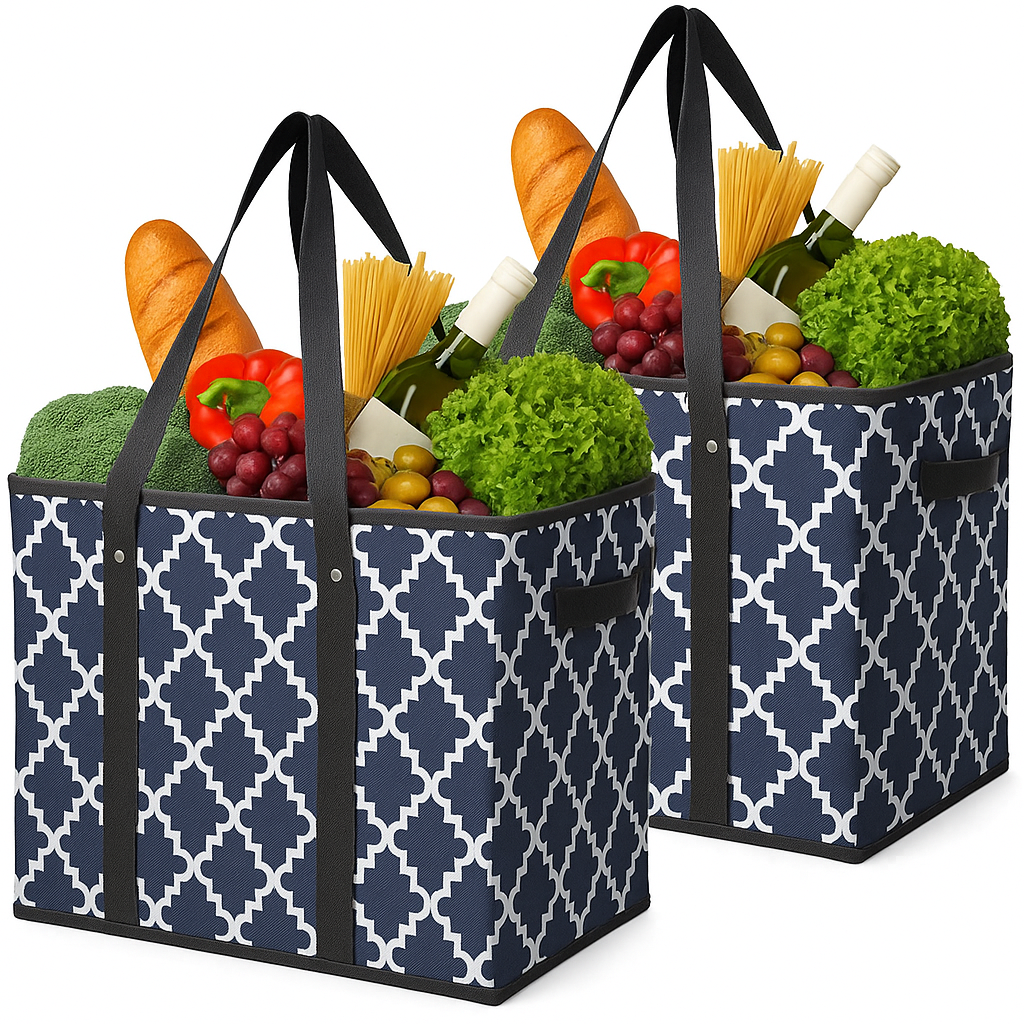 Grocery Bags 2-Pack Foldable Washable Large Storage Bins Basket Water Resistant Shopping Tote Bag