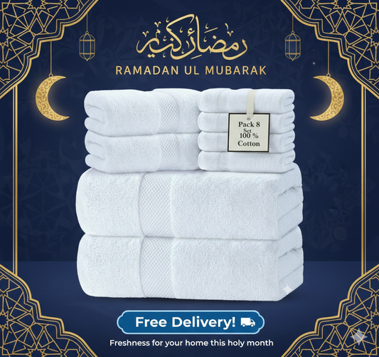 8 Pc Towels Set 100% Cotton White Bath Towel Highly Absorbent Towels for Bathroom Free Shipping