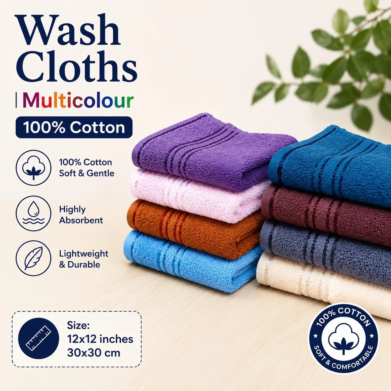 Cotton Washcloths Set - 100% Ring Spun Cotton, Premium Quality Flannel Face Cloths, Highly Absorbent and Soft Feel Fingertip Towels