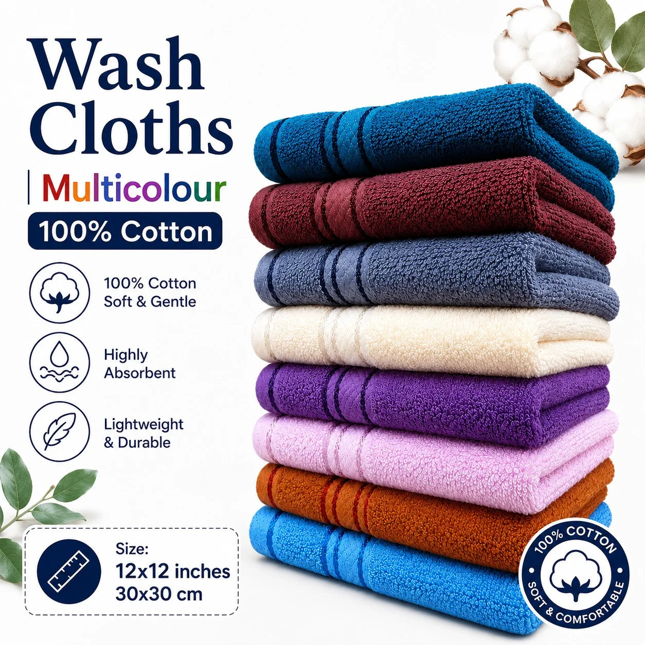 Cotton Washcloths Set - 100% Ring Spun Cotton, Premium Quality Flannel Face Cloths, Highly Absorbent and Soft Feel Fingertip Towels
