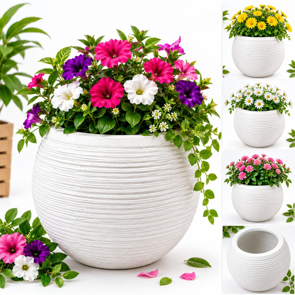 Premium Round Fiber Planter Pot – Modern Ribbed Design (13.5" x 14.5")