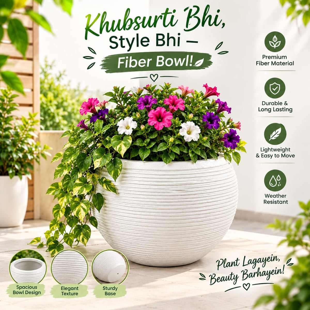 Premium Round Fiber Planter Pot – Modern Ribbed Design (13.5" x 14.5")