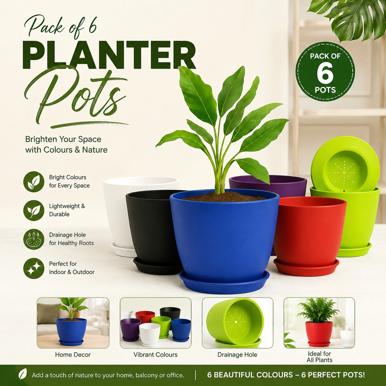 Pack of 6 Extra Large Plant Pots for Indoor/Outdoor Use with Drainage. Available in Multi