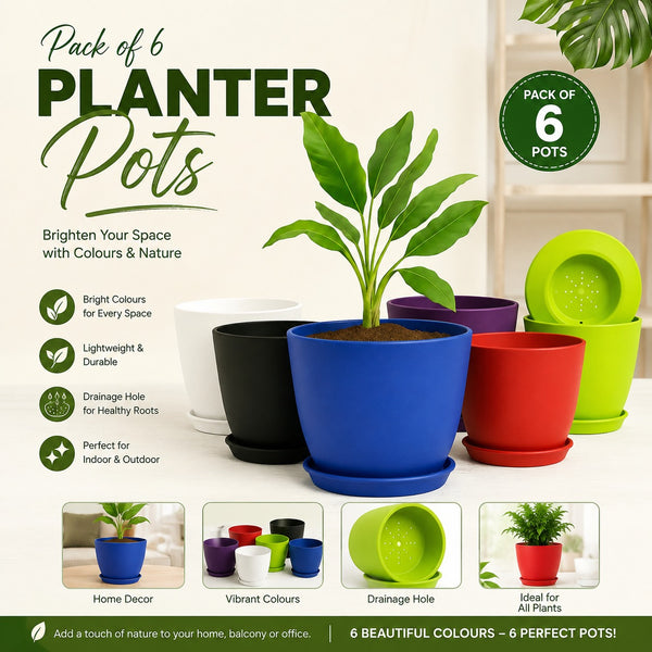 Pack of 6 Extra Large Plant Pots for Indoor/Outdoor Use with Drainage. Available in Multi