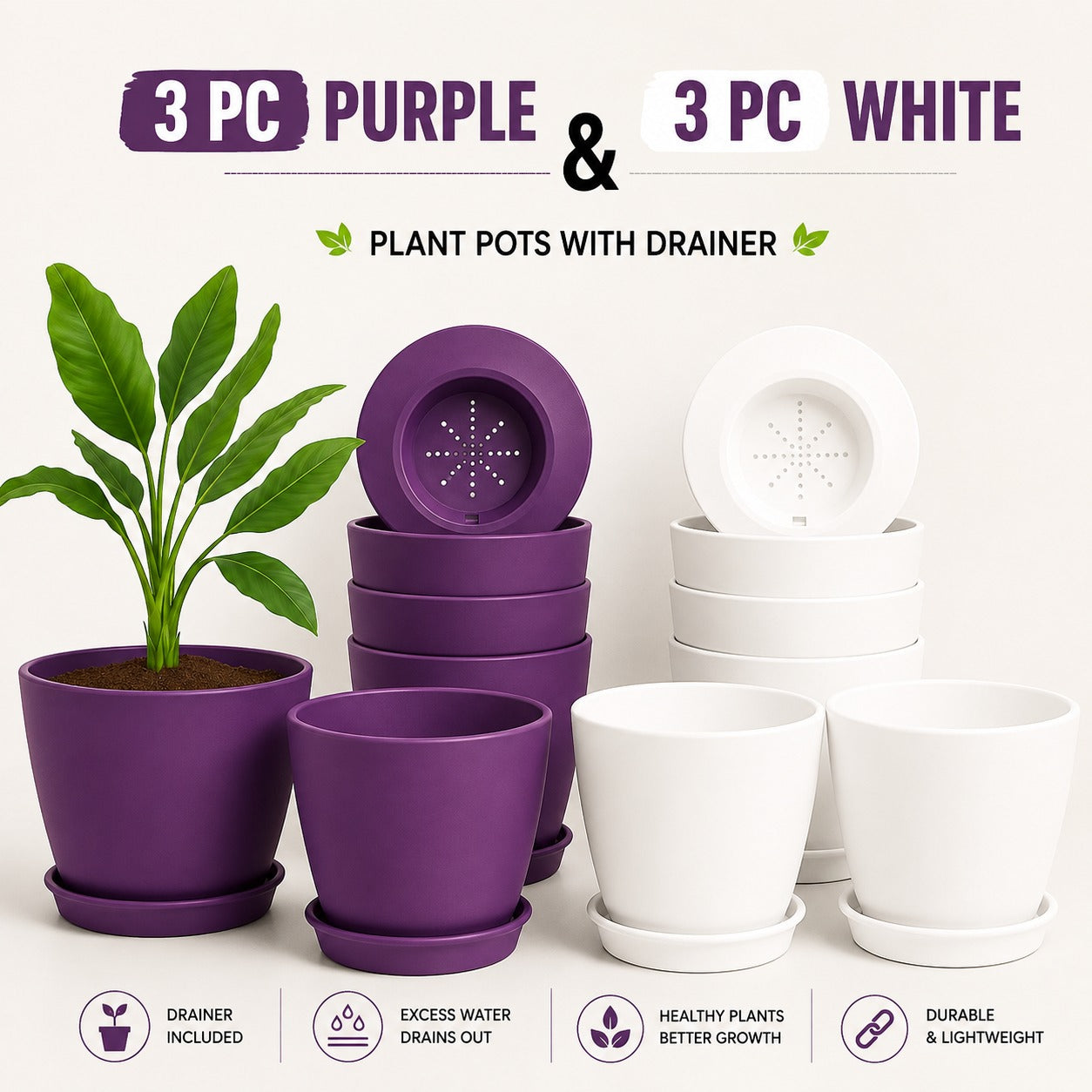 Pack of 6 Extra Large Plant Pots for Indoor/Outdoor Use with Drainage. Available in Multi