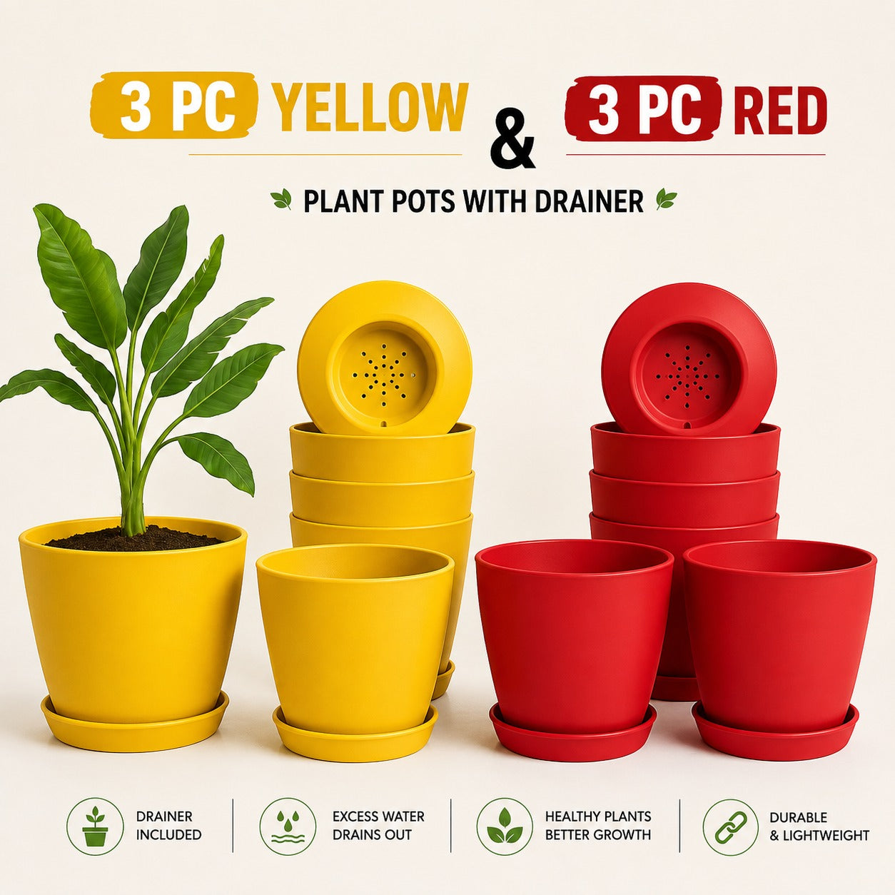Pack of 6 Extra Large Plant Pots for Indoor/Outdoor Use with Drainage. Available in Multi