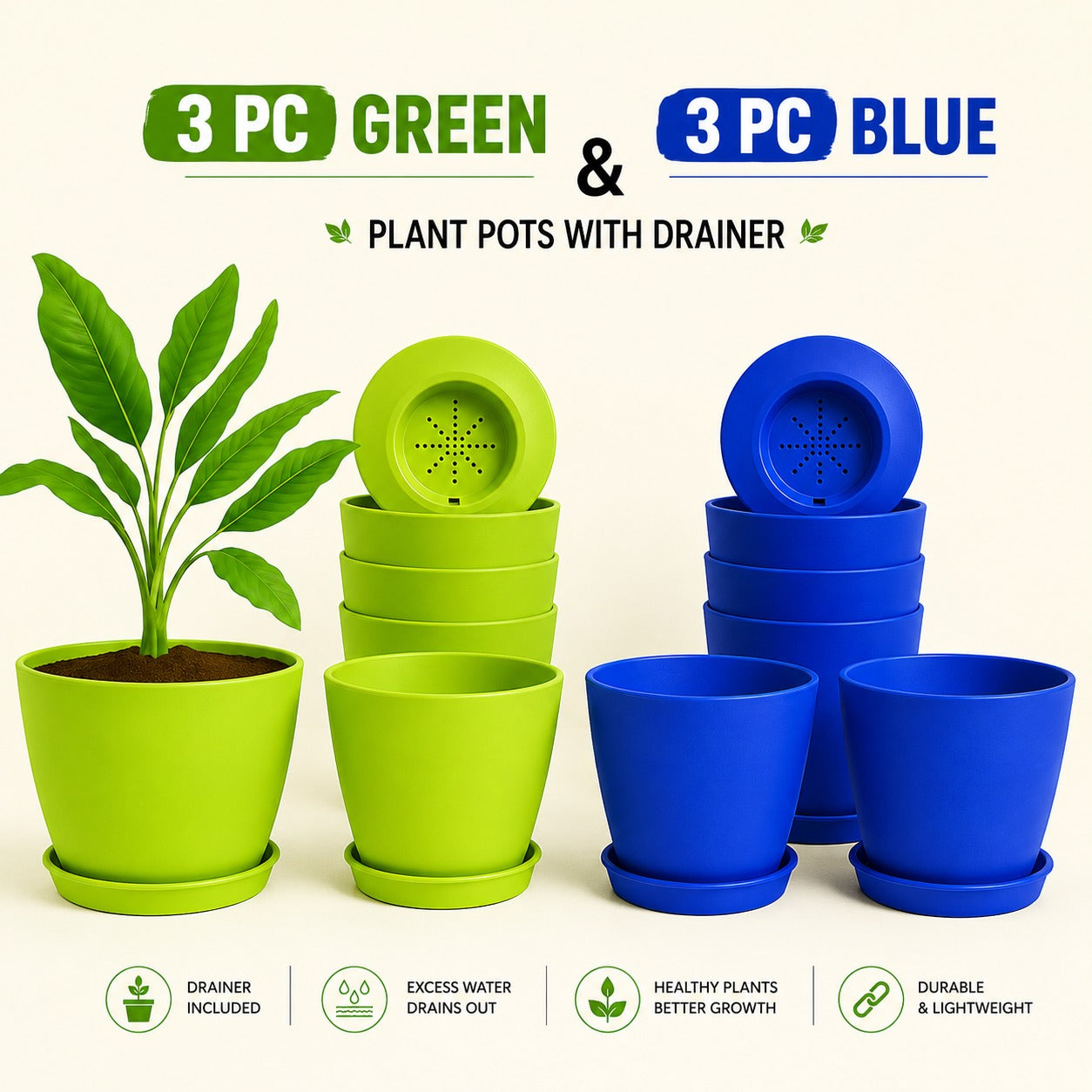Pack of 6 Extra Large Plant Pots for Indoor/Outdoor Use with Drainage. Available in Multi