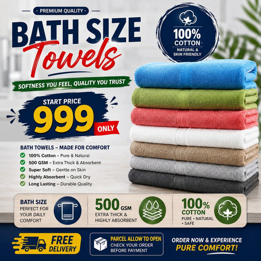 Premium 100% Cotton Bath Size Towels – 500 GSM | Super Soft & Highly Absorbent