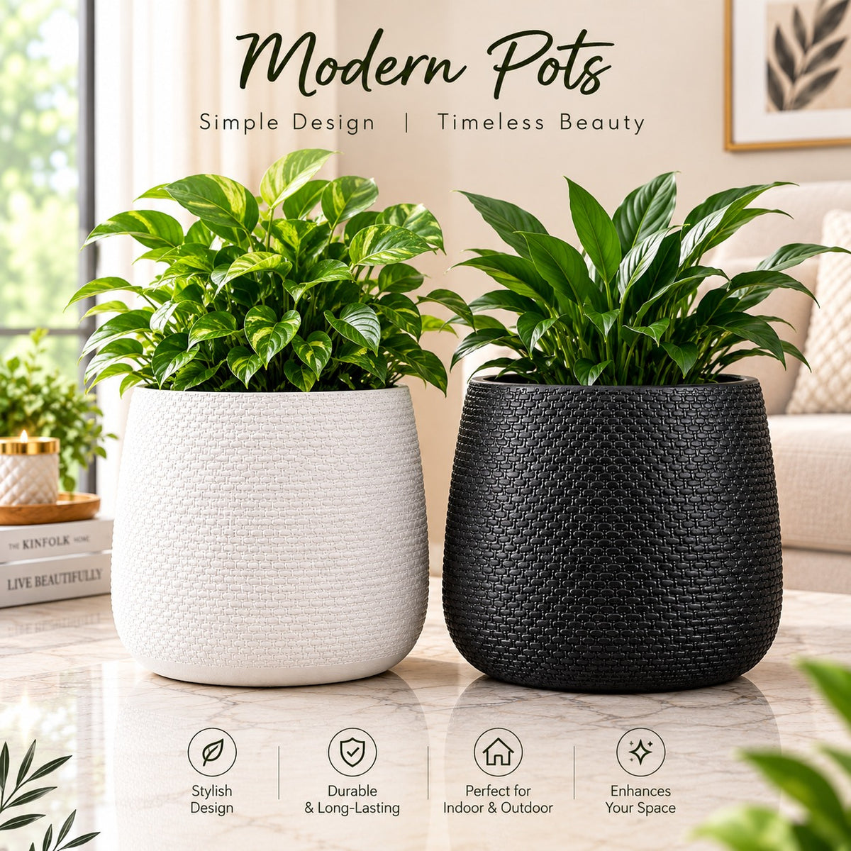 Pack of 2 Vase Lightweight Flower Design Decorative Indoor & Outdoor - White & Black (Without Flower)