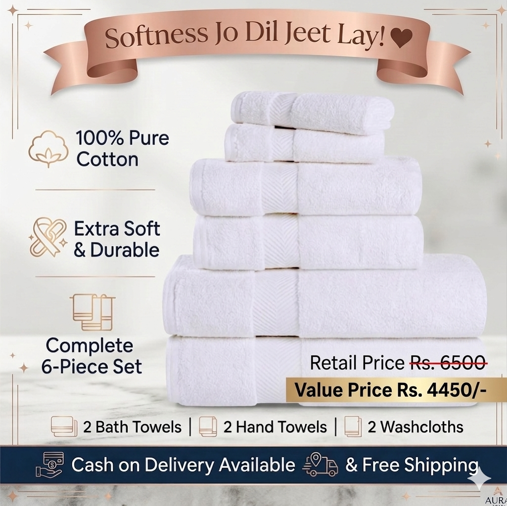 100% Cotton Bathroom Towels, Super Soft, Fluffy, and Absorbent, Premium Quality 6 Piece Towel Set with 2 Washcloths, 2 Hand Towels, and 2 Bath Towels, White