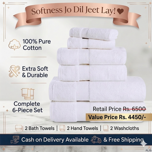 100% Cotton Bathroom Towels, Super Soft, Fluffy, and Absorbent, Premium Quality 6 Piece Towel Set with 2 Washcloths, 2 Hand Towels, and 2 Bath Towels, White