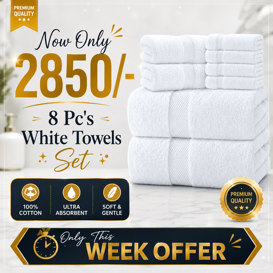 Araaishome Premium White Towels Set – 8 Pc | Soft & Ultra Absorbent