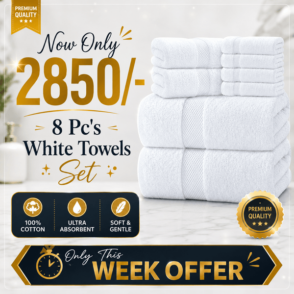 Araaishome Premium White Towels Set – 8 Pc | Soft & Ultra Absorbent