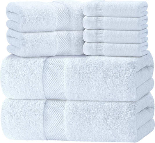100% Cotton White Bath Towel Set of 8 Pieces Highly Absorbent Towels for Bathroom