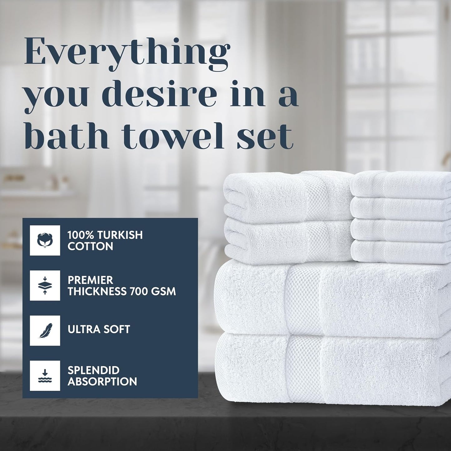 100% Cotton White Bath Towel Set of 8 Pieces Highly Absorbent Towels for Bathroom